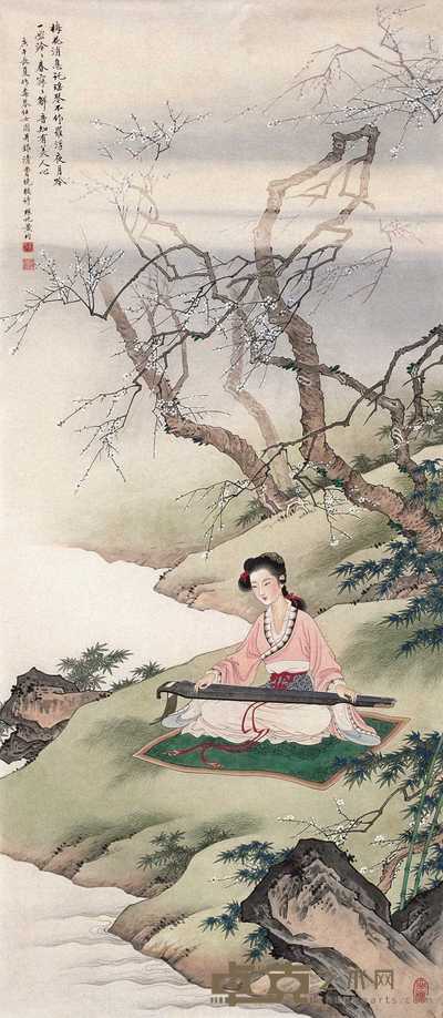 黄均 庚午(1990)年作 梅琴仕女图 片 105×45.5cm